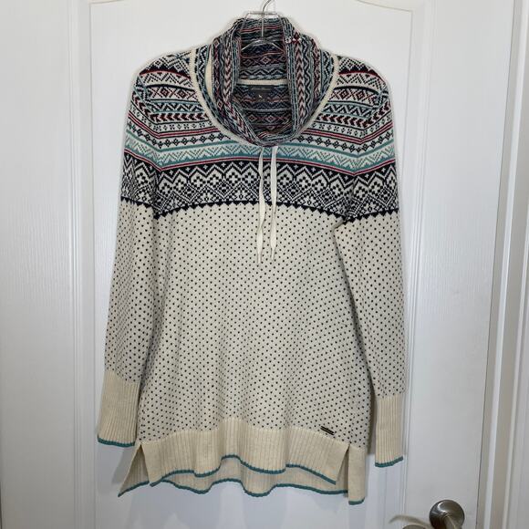 Eddie Bauer Fair Isle Pullover Sweater Cowl Neck Drawstring Ivory Wool Blend M - Picture 1 of 6